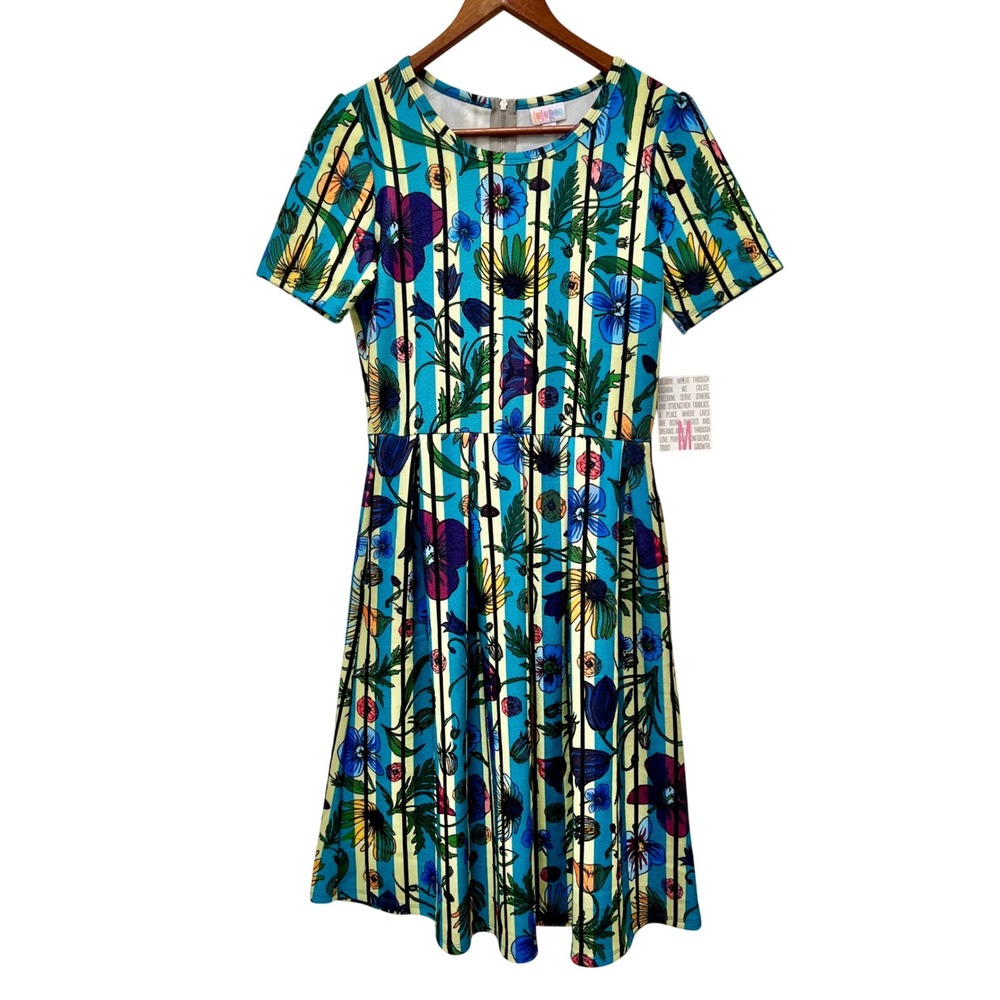 NWT LuLaRoe Amelia Dress M Blue Floral Stripe Short Sleeve Fit Flare Knee Length